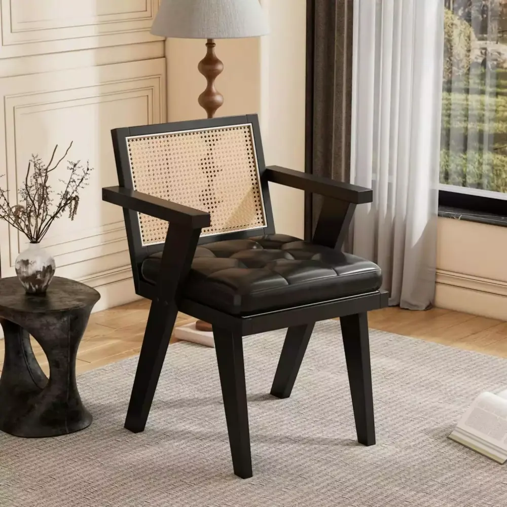1 PC Wooden Chair Handcrafted Rattan Backrest Chair with Upholstered Padded Black
