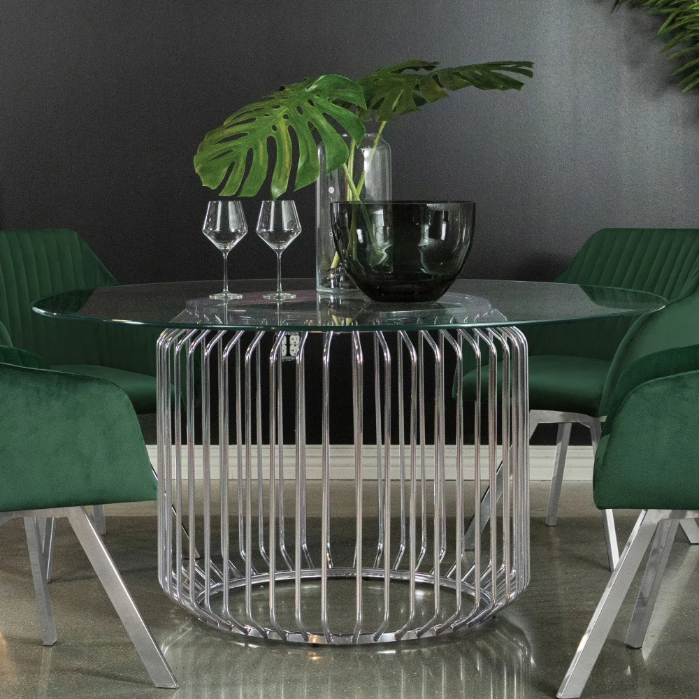 Veena 60 Round Glass Top Dining Table Clear and Chrome - Stylish Kitchen Furniture