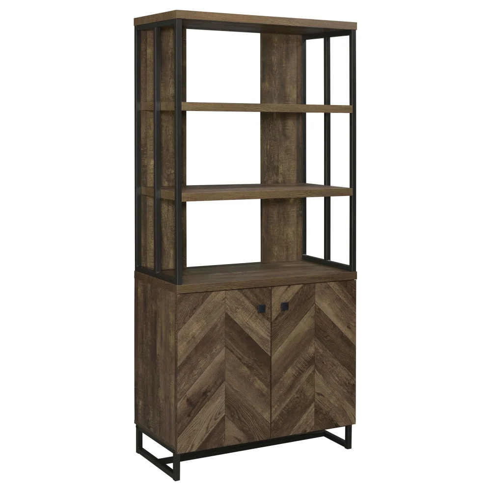 Millbrook 2-Door Bookcase Rustic Oak Herringbone and Gunmetal Display Cabinet