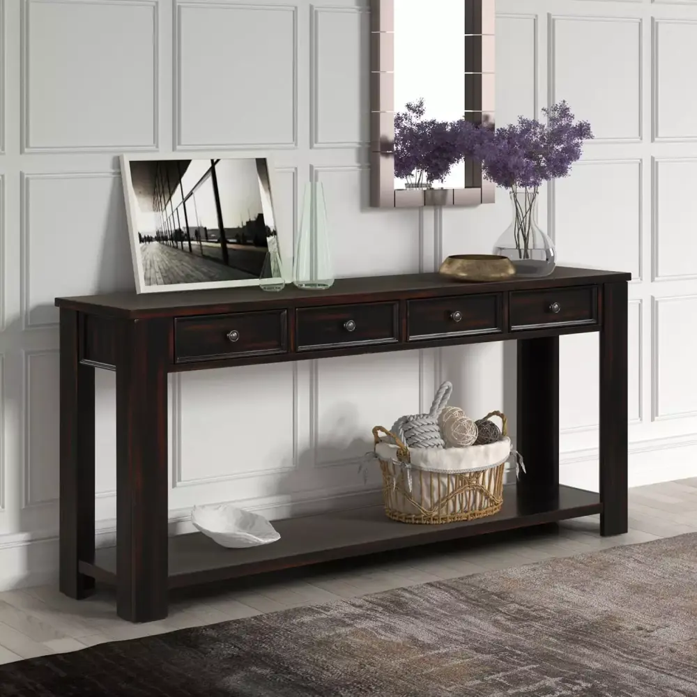 Distressed Black Pine Wood Console Table 63 Inch Long with 4 Drawers for Entryway