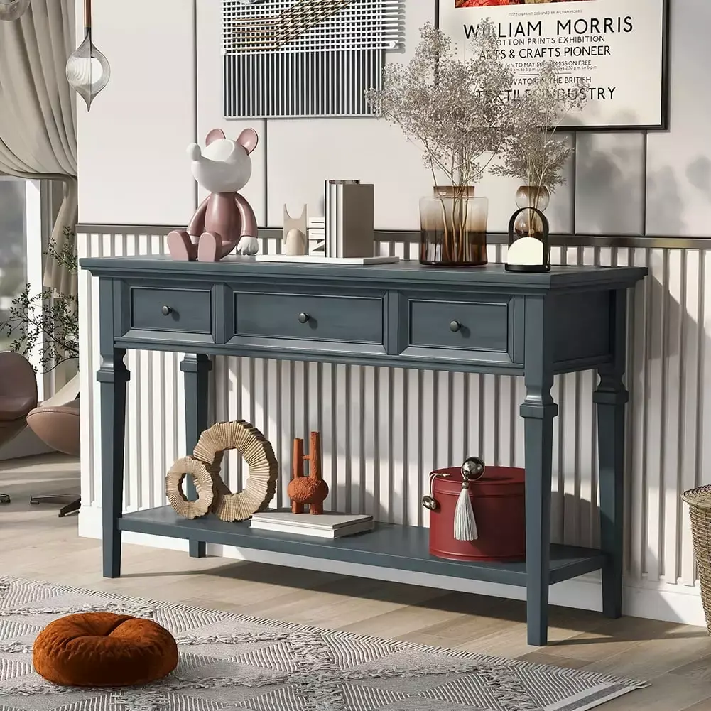 Canddidliike 3-Drawers Distressed Finish Navy Blue Living Room Table with Open Shelf