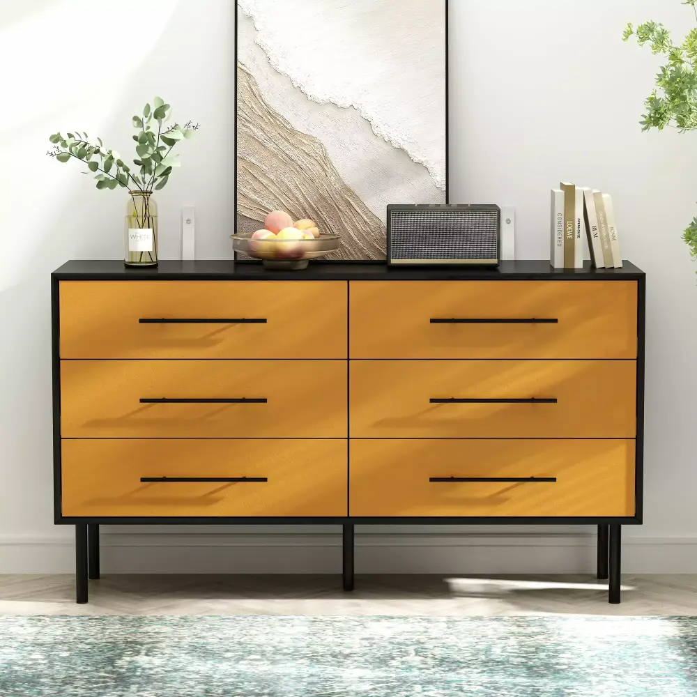 OXYLIFE 6 Drawer Dresser 55 Wooden Double Dresser for Living Room Orange Black MDF