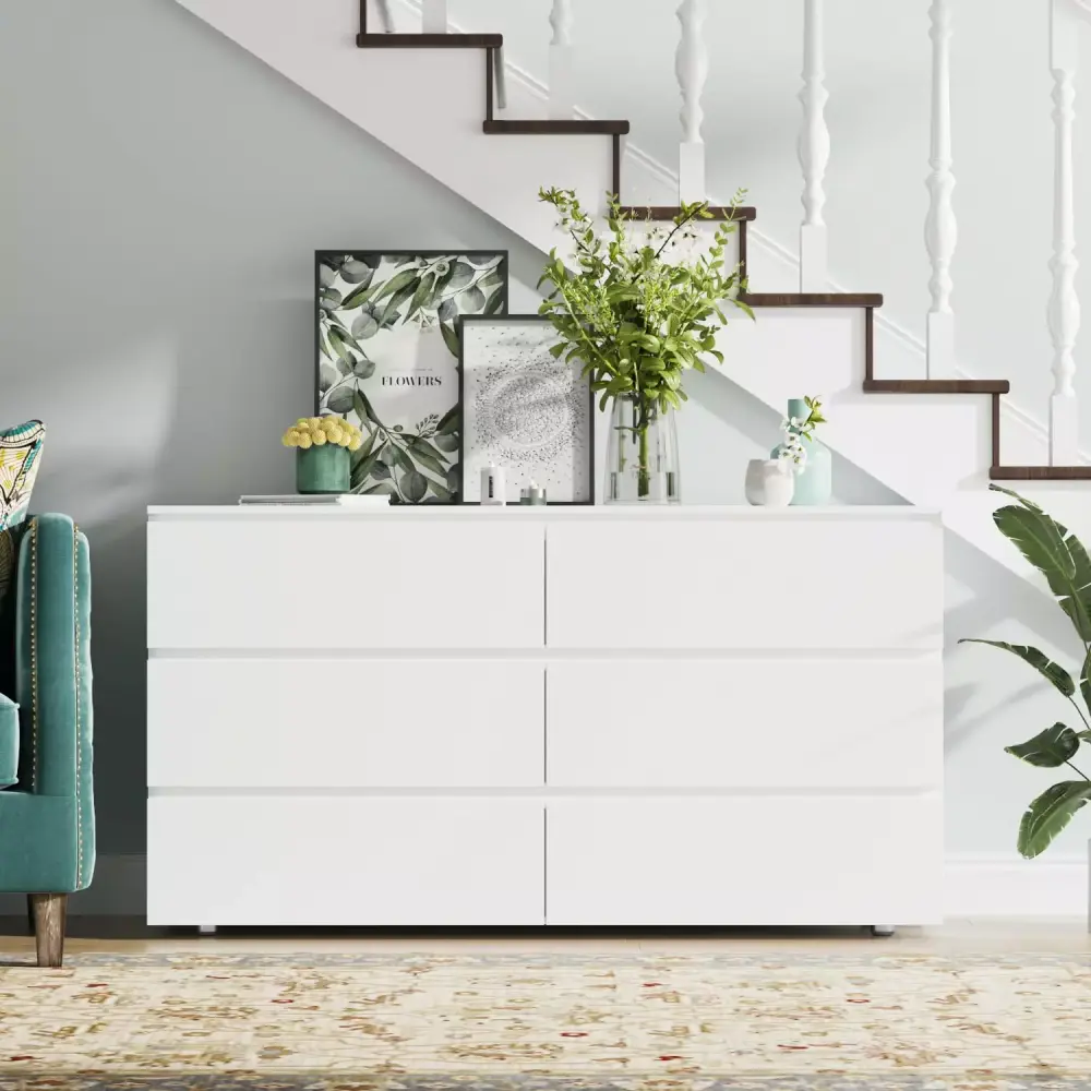 MONSLIPA 6 Drawer Modern Chest of Drawers Wood Double Dresser in White