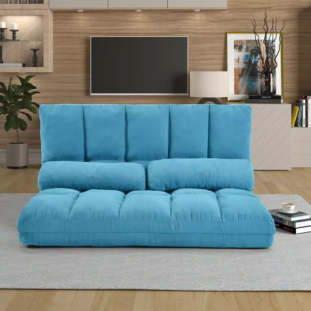 Bellemave Double Chaise Lounge Sofa - Fabric Floor Couch with Two Pillows - Blue