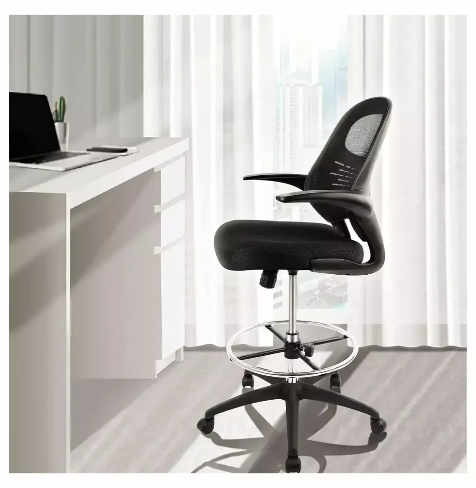 Drevy Adjustable Height Mesh Drafting Chair with Foot Ring for Standing Desks Black