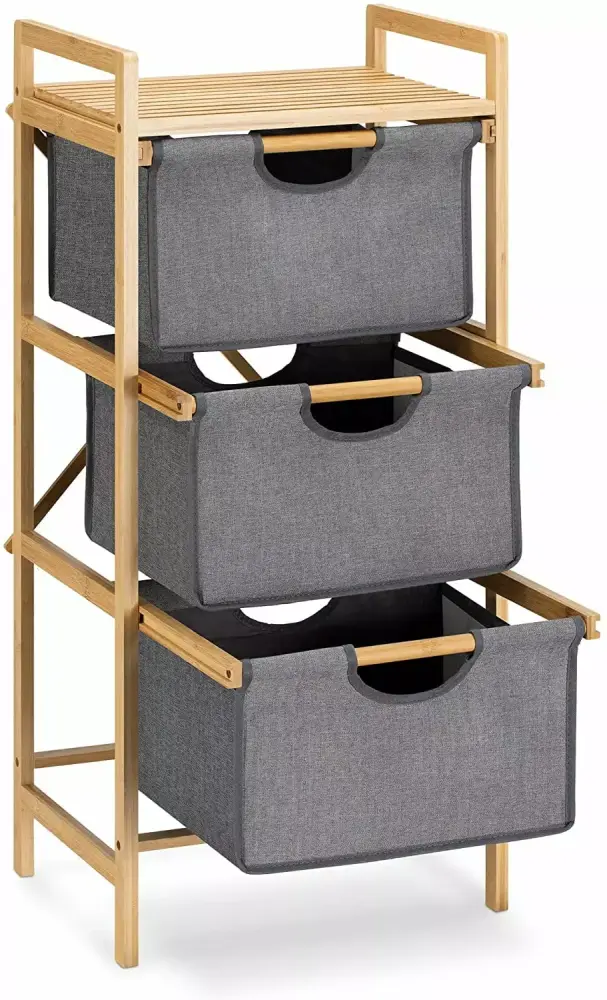 Binquireet Storage Drawers Unit 3-Tier Bathroom Dresser Tower Arranger with Bamboo Frame Pull-Out Fabric Bins