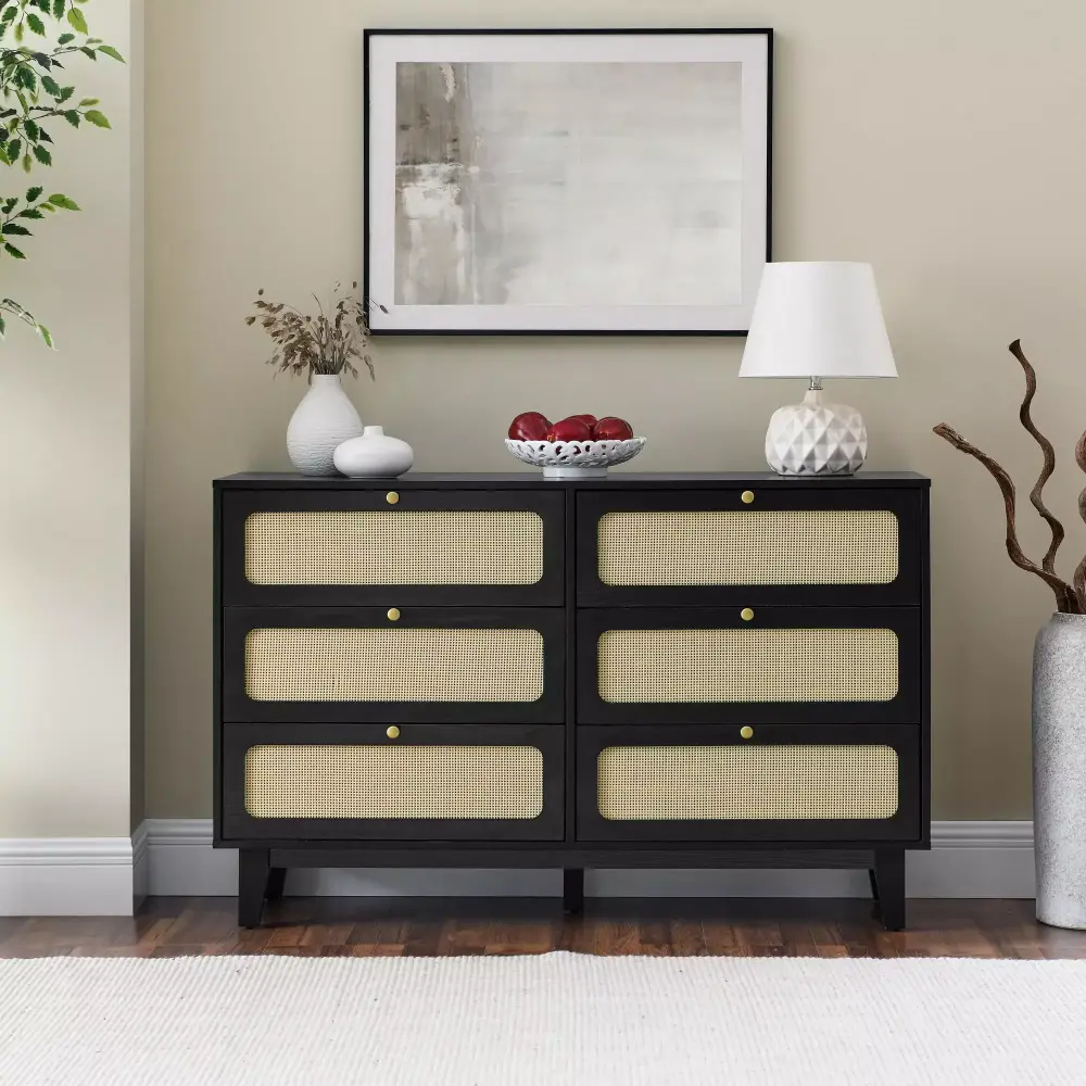 Antique Wooden 6-Drawer Dresser Multi-functional Storage Cabinet Black Finish