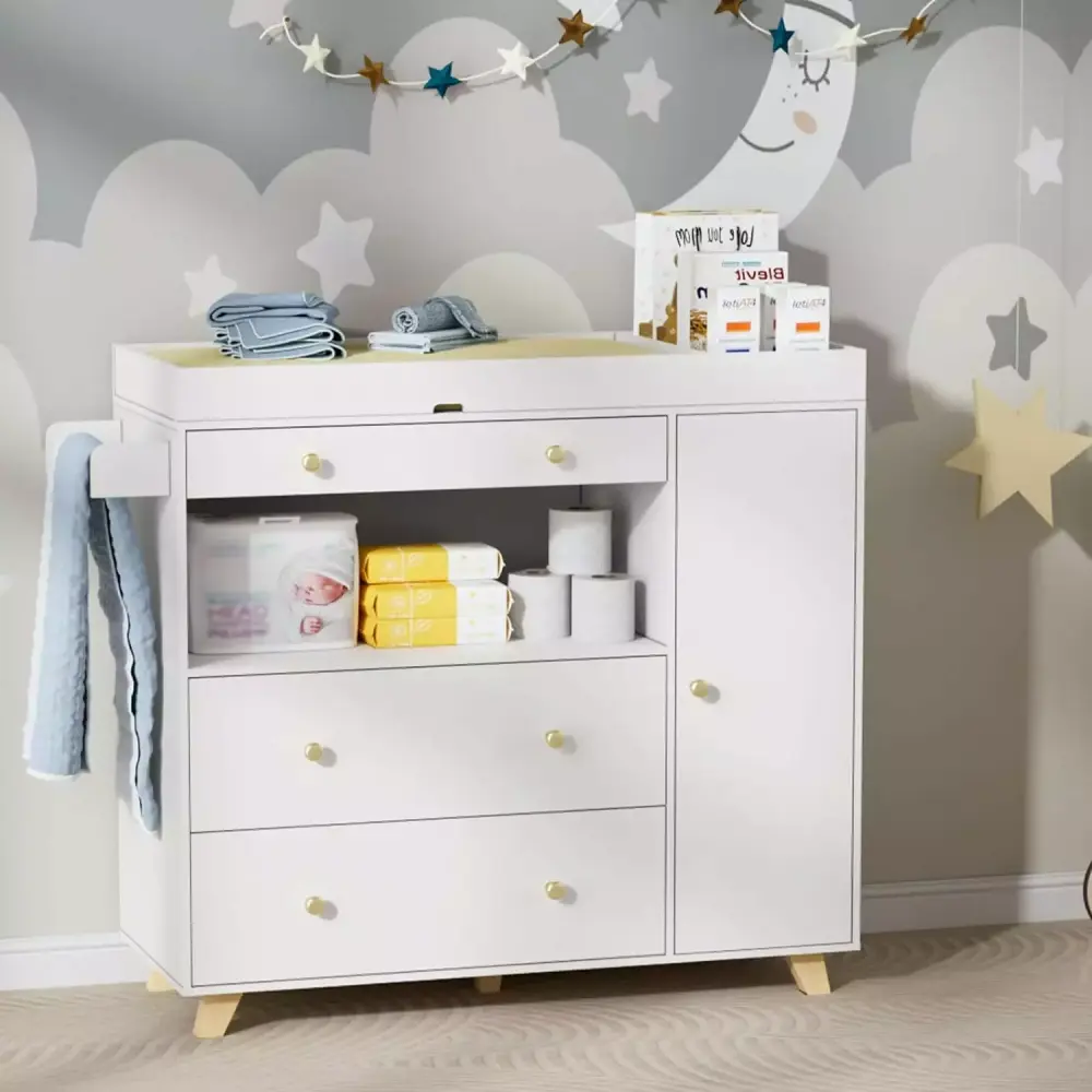 Changing Table Modern Storage Dresser Chest with Wide Table Top - 3 Drawer White Dresser by TOPQYY