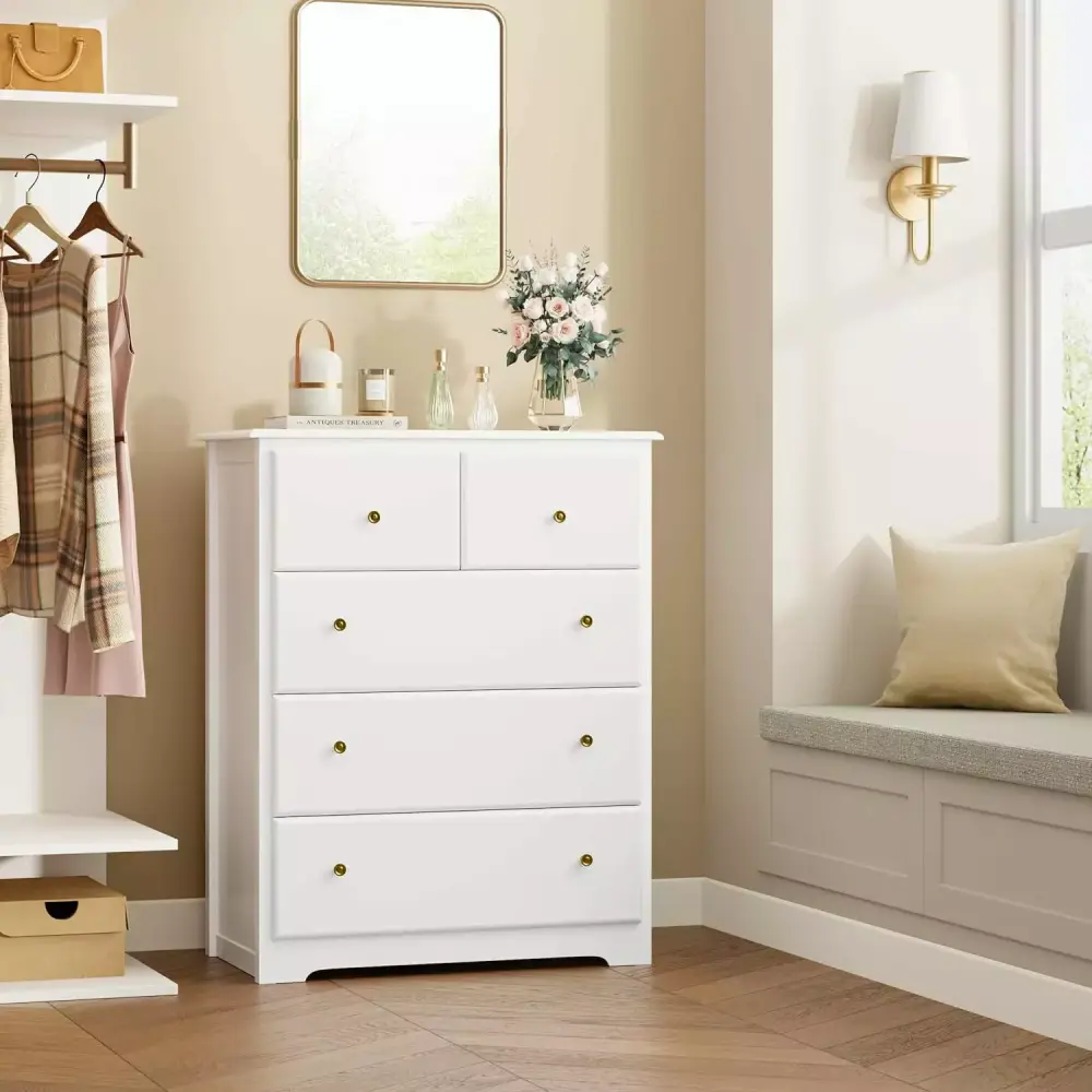 5 Drawer Tall Dresser Chest of Drawers with Deep Space Wood Dresser Storage Cabinet for Living Room