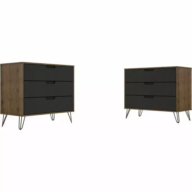 Manhattan Ease Rockefeller 3-Drawer Wood Dresser in Gray/Natural (Set of 2) - Space-Saving Bedroom Furniture