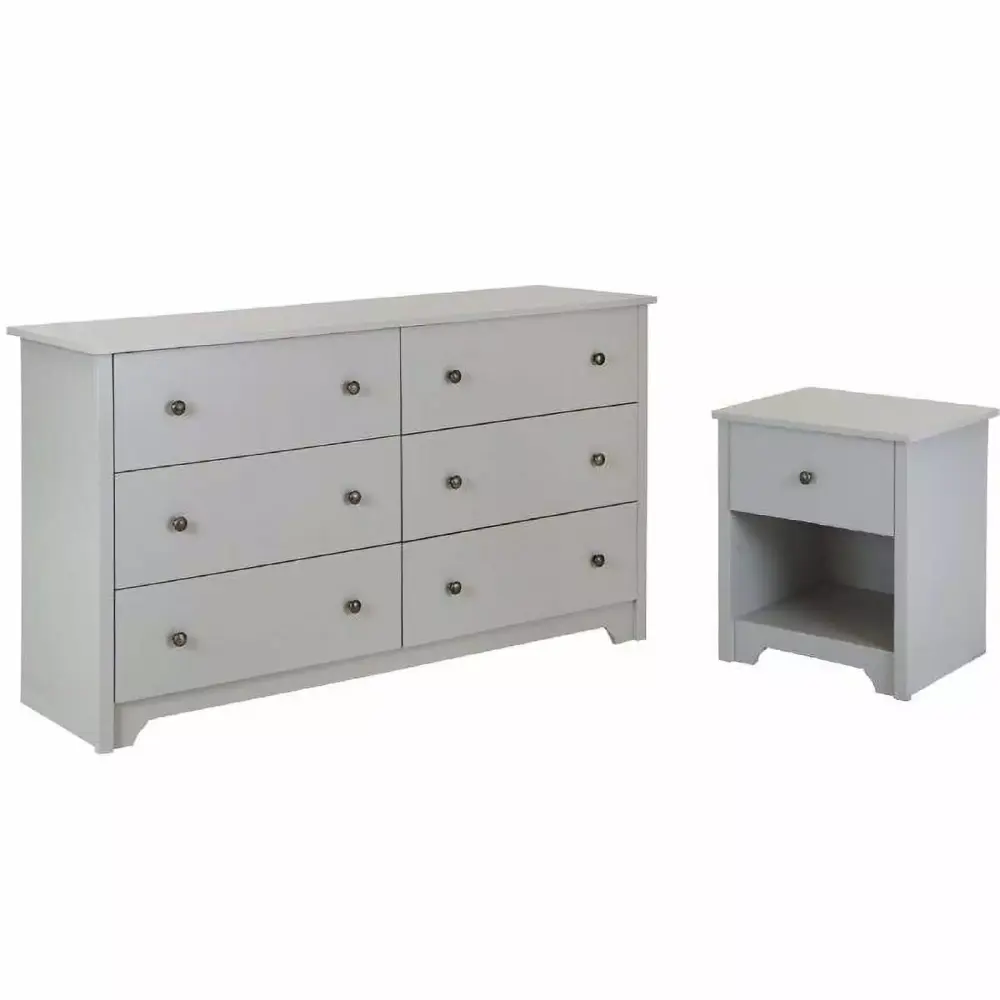 6 Drawer Double Dresser and Nightstand Bedroom Furniture Set in Soft Grey