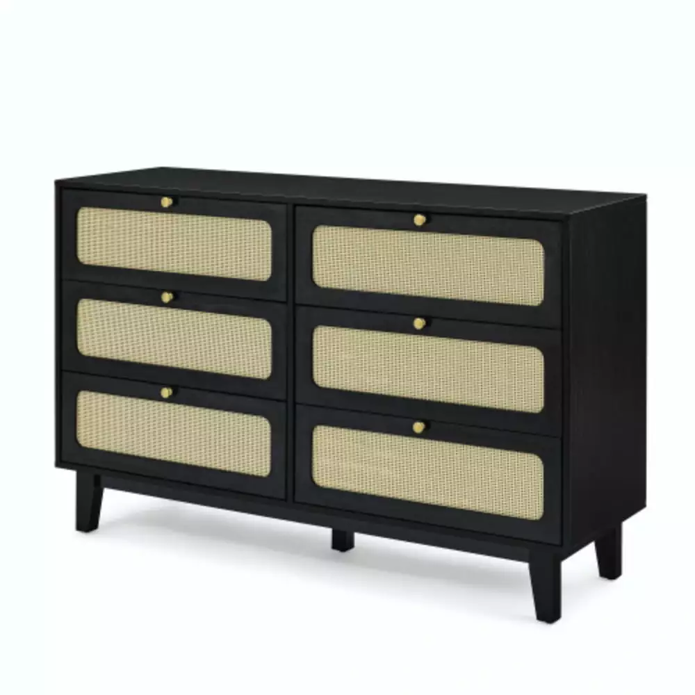 Black Six-Drawer Dresser TV Cabinet for Bedroom Living Room Storage