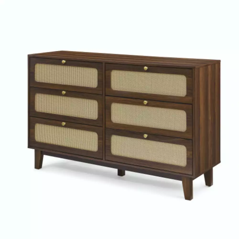 Natural Walnut Six-Drawer Dresser TV Cabinet for Bedroom Living Room