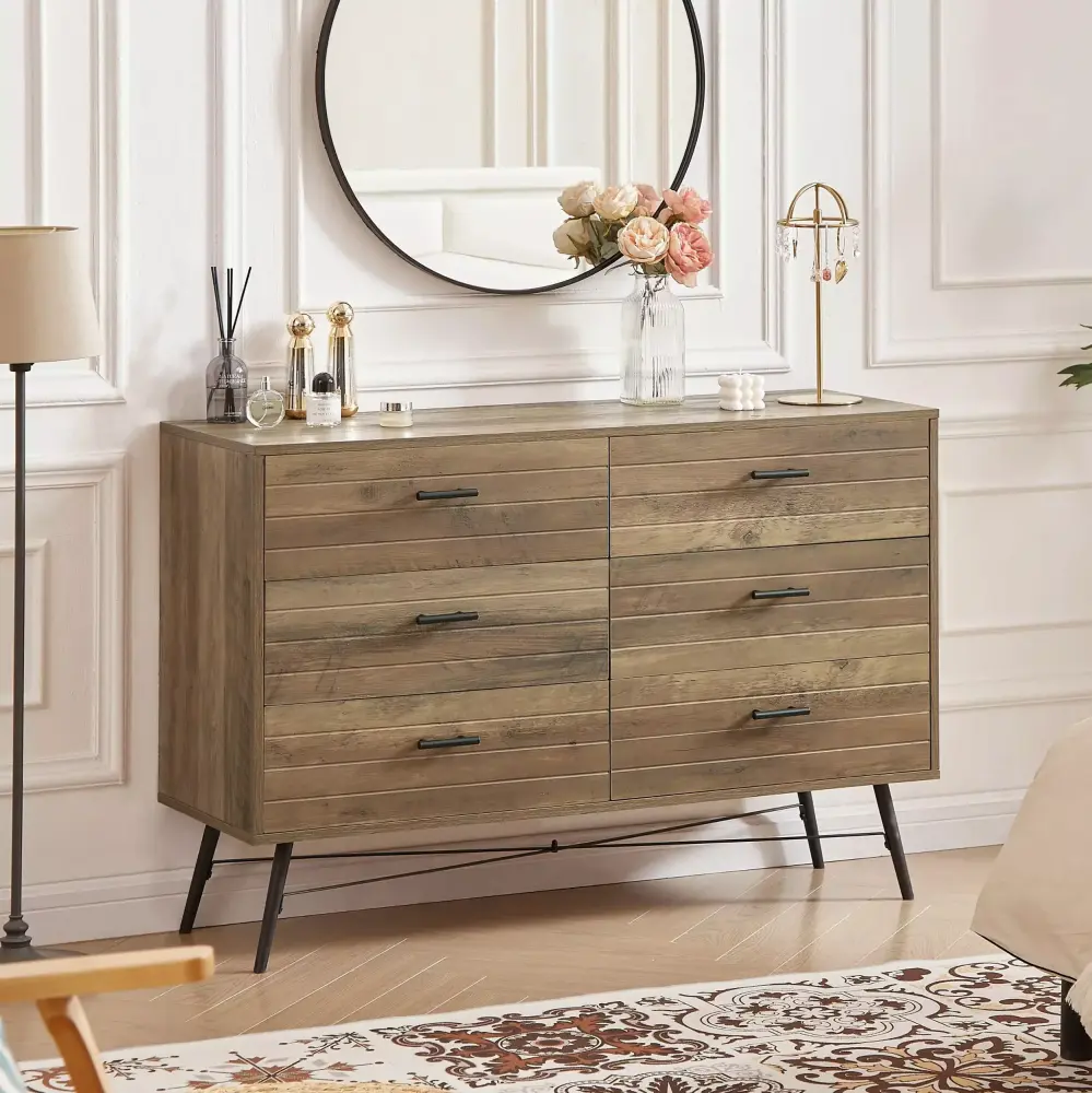 6-Drawer Chest Dresser TV Stand - Large Storage Tower Unit in Rustic Walnut