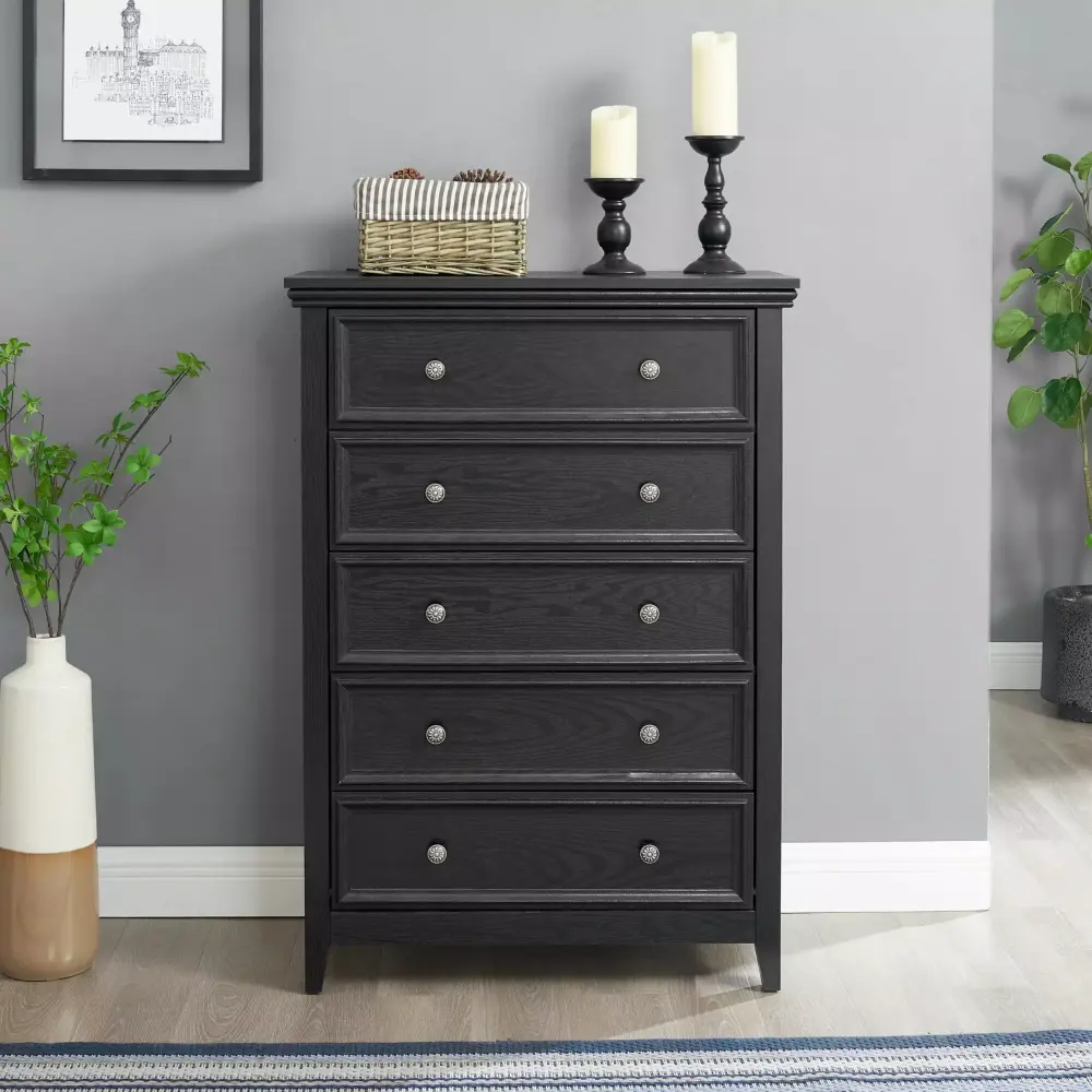 Modern 5 Drawers Dresser Black - Farmhouse Style Storage Cabinet for Closet Organization