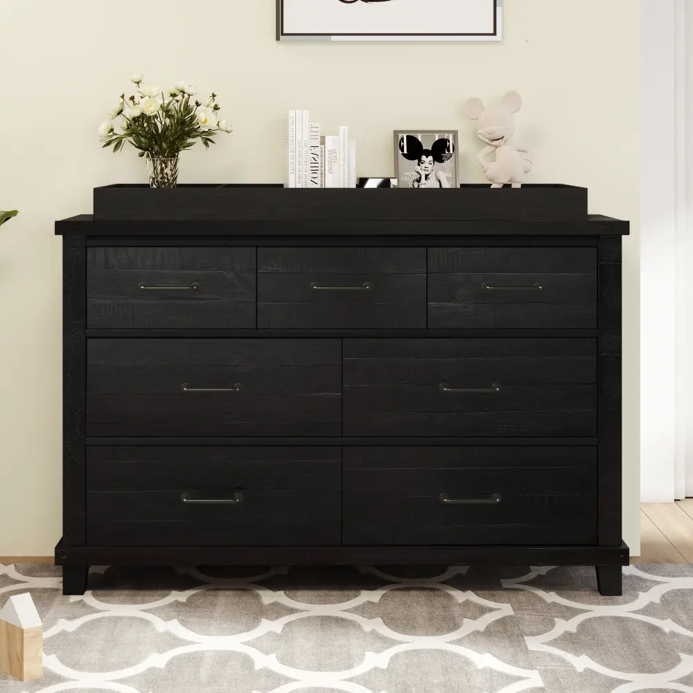 Rustic Farmhouse Style Solid Pine Wood Seven-Drawer Dresser with Changing Topper for Nursery