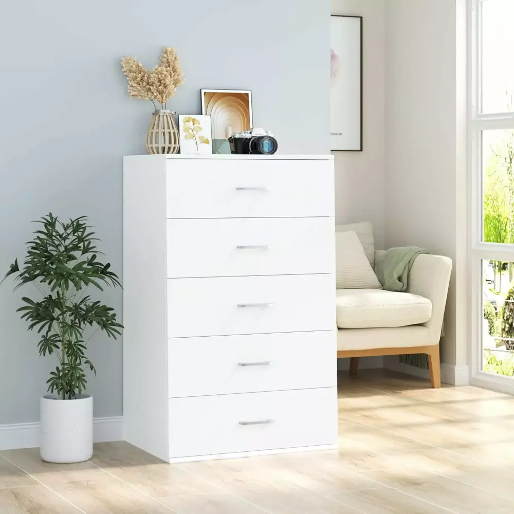 5 Drawer Dresser Chest Freestanding Storage Tower with Metal Handles in White for Living Room or Kitchen