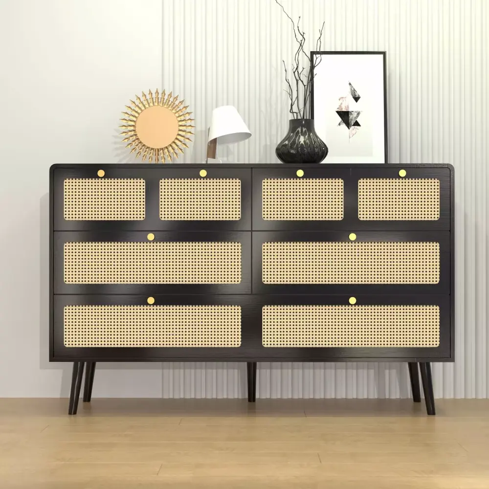 6-Drawer Rattan Dresser with Wide Drawers - Farmhouse Storage Chest for Bedroom
