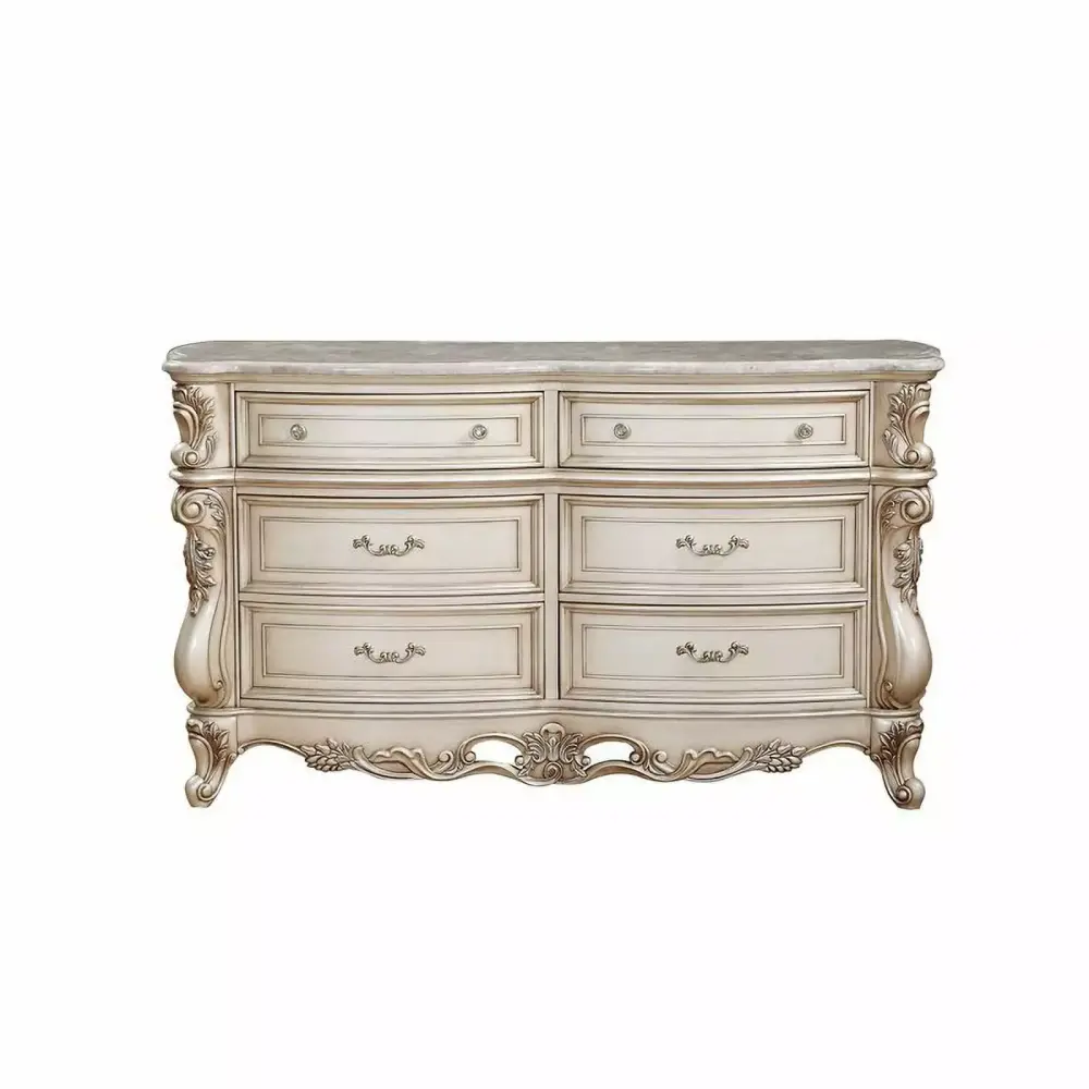 Acme Gorsedd Wooden Frame Dresser in Marble and Golden Ivory