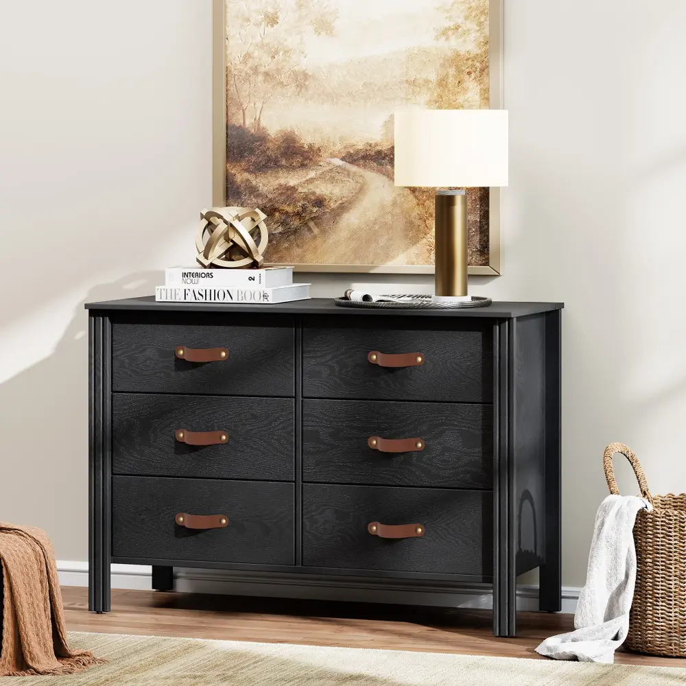 Black Wood Dresser with 6 Drawers Storage Cabinet for Bedroom Living Room Hallway
