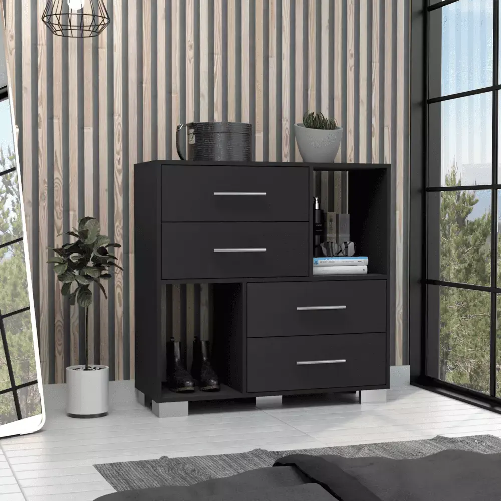 DeeHome Dresser 35H with Two Open Shelves and Four Drawers - Black Modern Storage