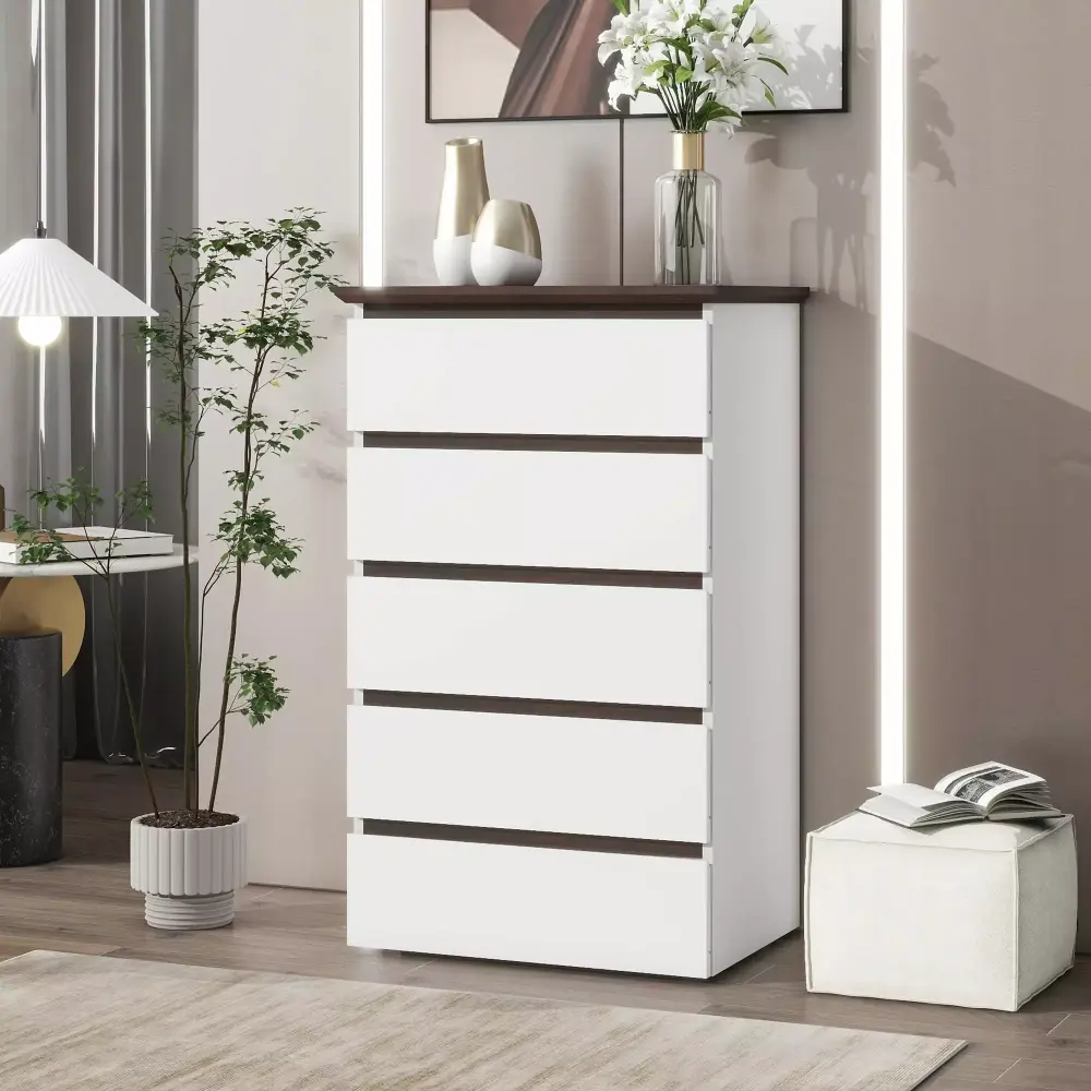 Tall White Mid Century Modern 5 Drawer Dresser with Wood Color Top for Kids Bedroom Living Room