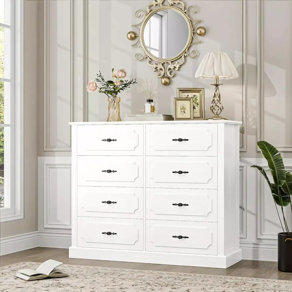 White 8-Drawer Wood Dresser with Steel Handles - Modern Floor Storage Cabinet for Living Room