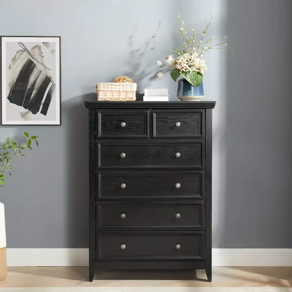 Modern 6 Drawers Dresser in Black - Farmhouse Style Storage Cabinet for Living Room