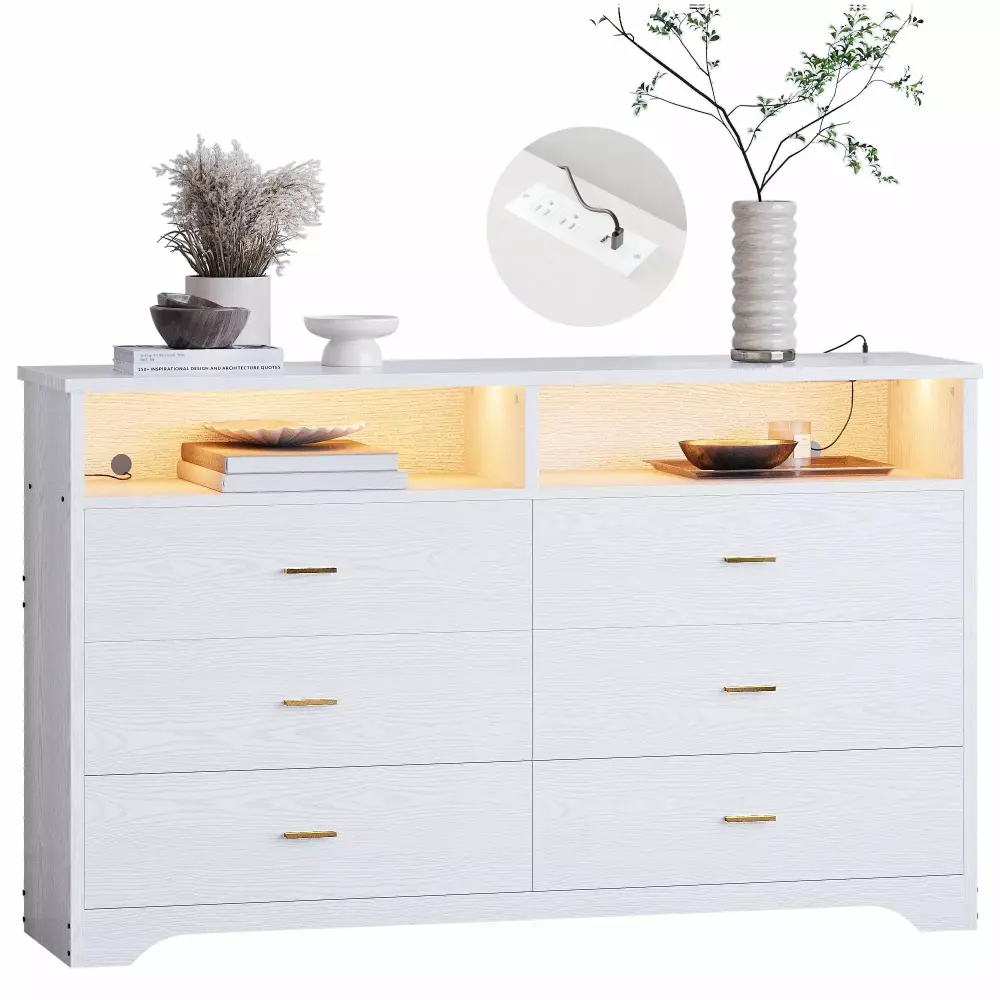 LIKIMIO 59 Inch 6 Drawer Dresser with Charging Station for Bedroom Living Room Easy Assembly Wood White