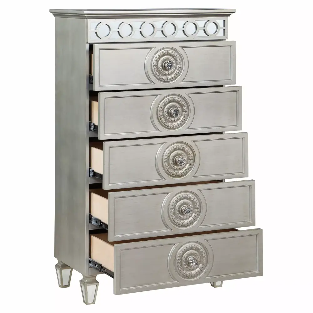 ACME Varian 5 Drawers Wooden Chest with Mirror Inlay in Silver