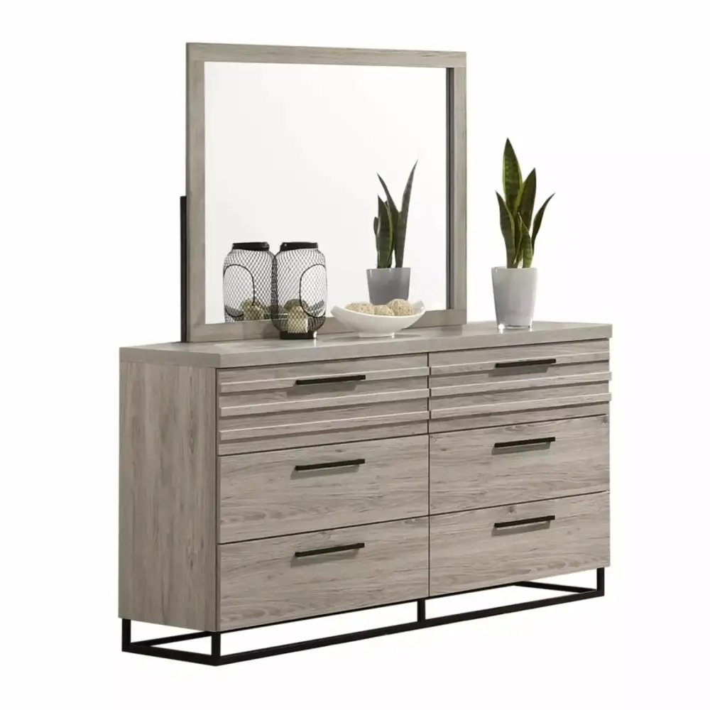 Roundhill Furniture Alvear Contemporary 6-Drawer Dresser with Mirror - Modern Bedroom Set