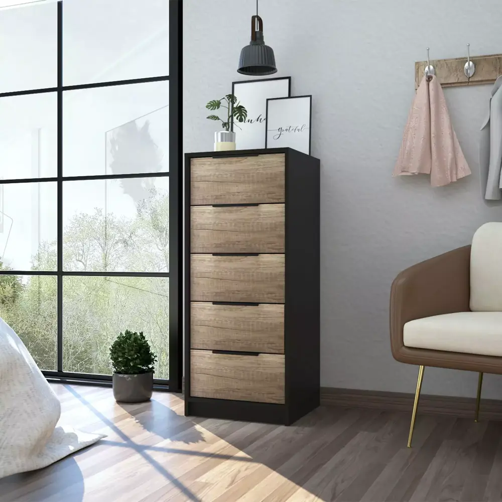 5-Drawer Rectangle Dresser Black Wengue and Light Oak for Bedroom