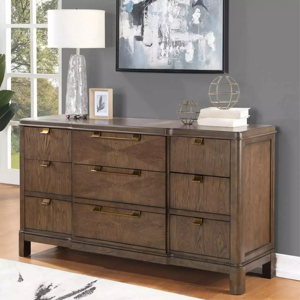 Milan Walnut Brown Wood 9-Drawer Dresser with Ample Storage