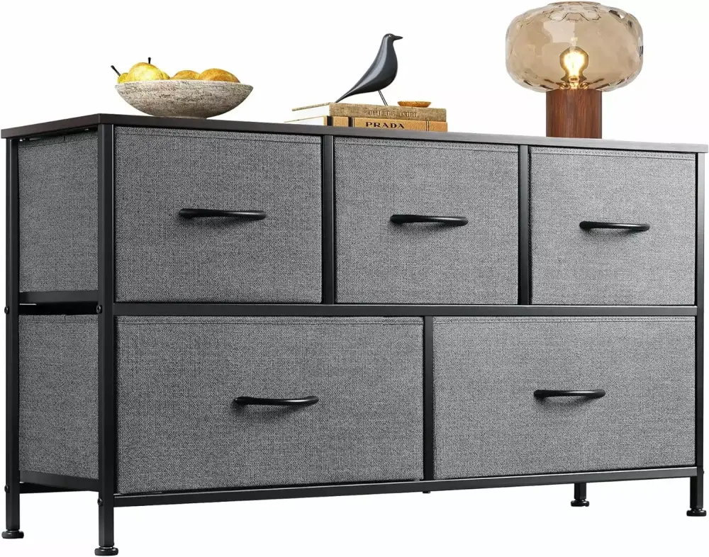 Wide Chest of Drawers Fabric Dresser with 5 Drawers Storage Arranger Unit Dark Grey