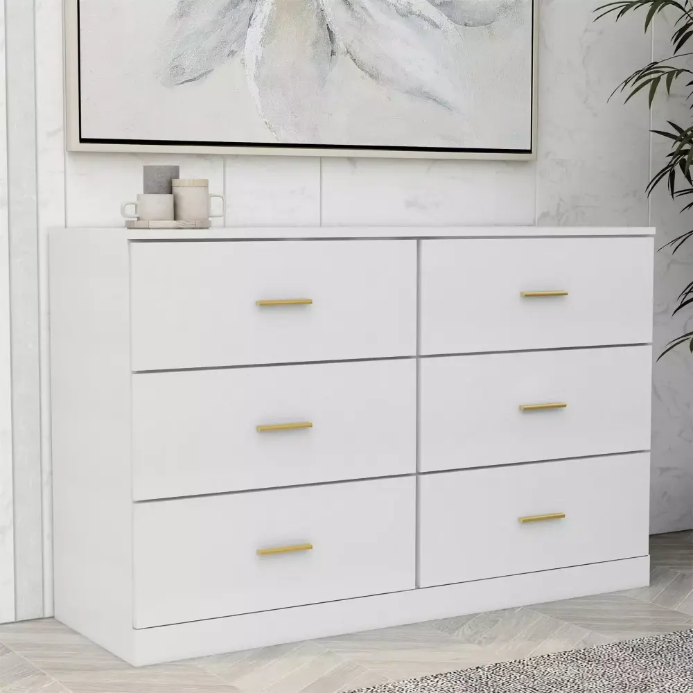 BESTCOSTY Modern White 6 Drawer Dresser - Sleek Bedroom Furniture