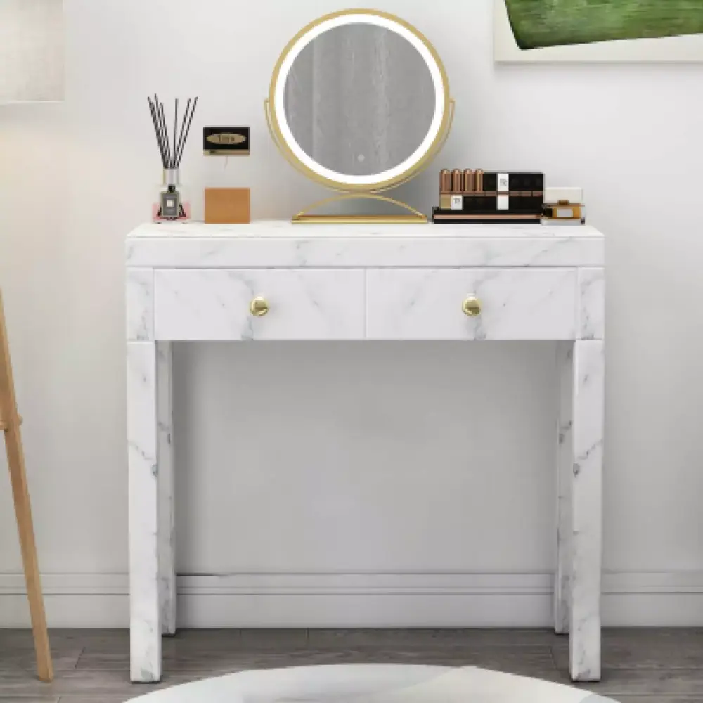 Chic White Tempered Glass Marble Texture Dressing Table with Golden Handles Flannel-Padded Drawers