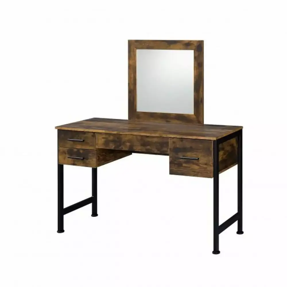 Brown and Black Vanity Desk with 4 Drawers and Square Mirror for Bedroom