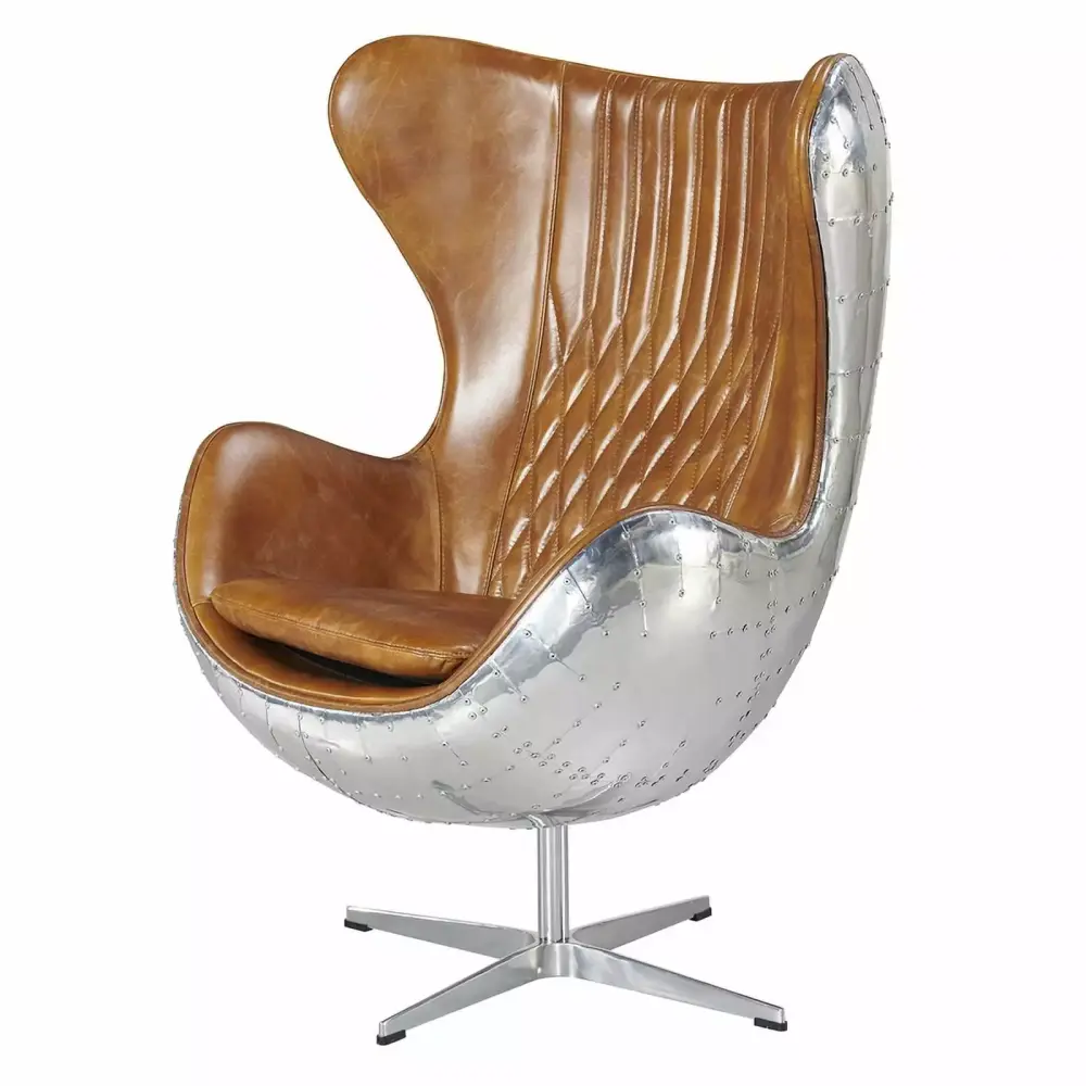 Crafters and Weavers Cruz Leather Metal Spitfire Shell Egg Chair Brown