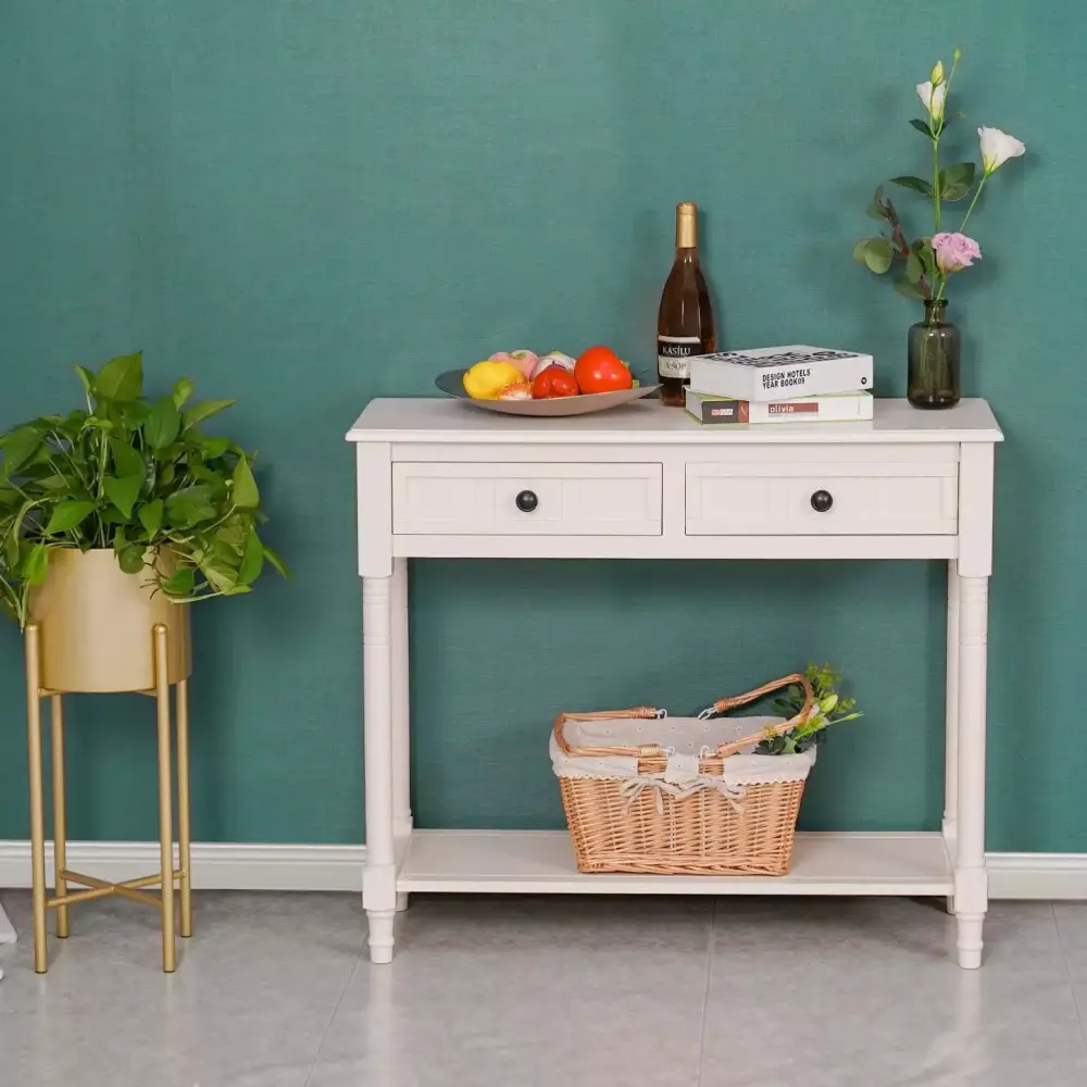 Elegant White Console Table Solid Wood Frame 2 Drawers Bottom Shelf Weatherworn Look