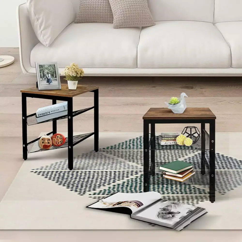 2 Pack Rustic Wood End Table 2 Shelves Night Stand Storage for Bedroom and Living Room with Curving Steel