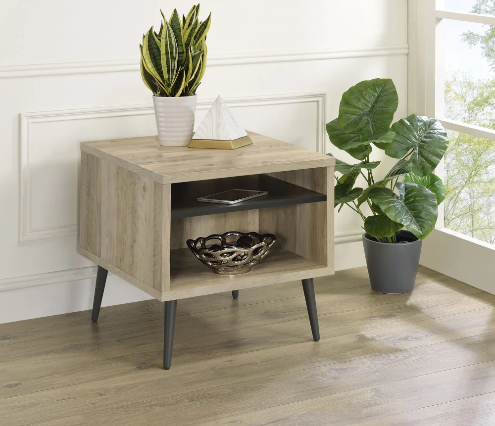 Welsh Square Engineered Wood End Table with Shelf in Antique Pine and Grey