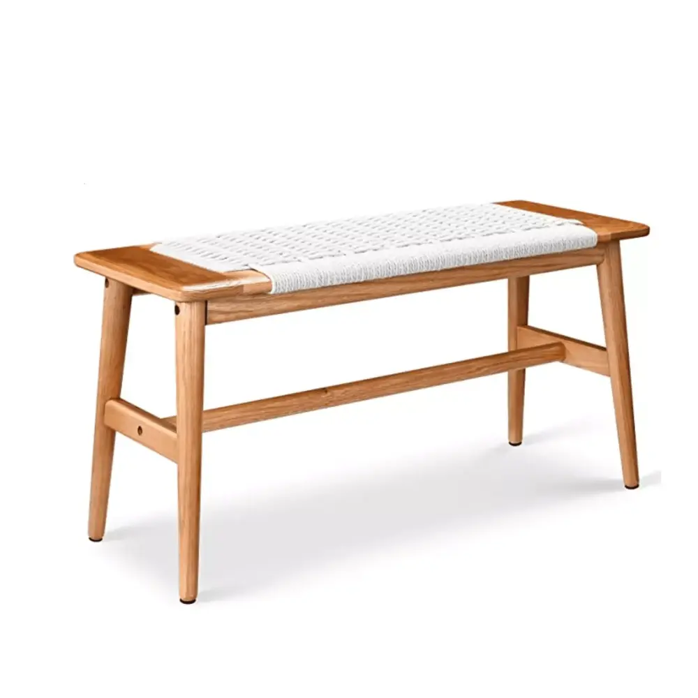 Marsrizon Dining Bench 100% Natural Solid Oak Bed Bench with Rattan Design Off White 31.49 inch