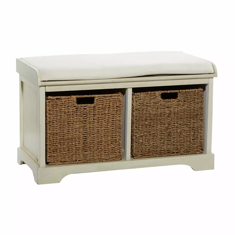 DecMode Wood 2 Baskets Storage Bench with Cushion Seat in White for Entryway