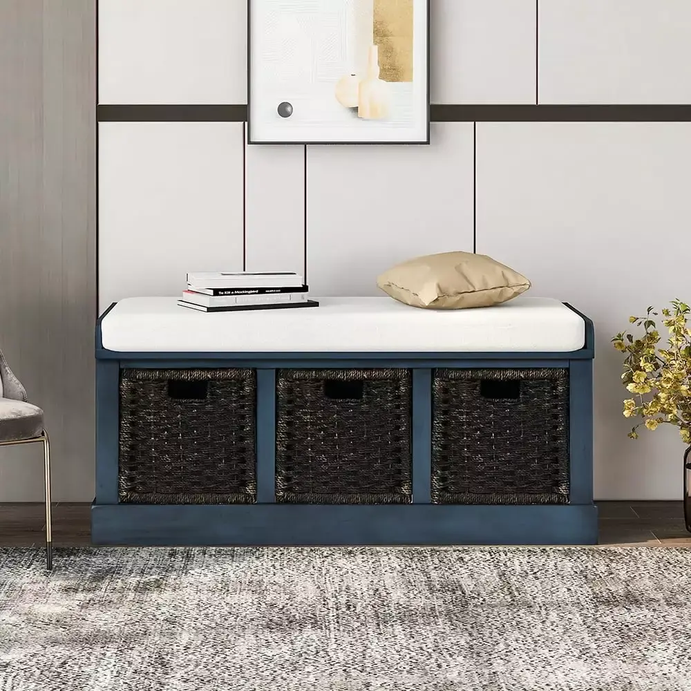 Lowestbest Rustic Storage Bench with 3 Removable Fabric Baskets Antique Navy for Entryway Kitchen