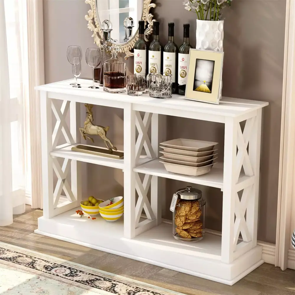 Console Table with 3-Tier Open Storage Spaces and X Legs Structure in White