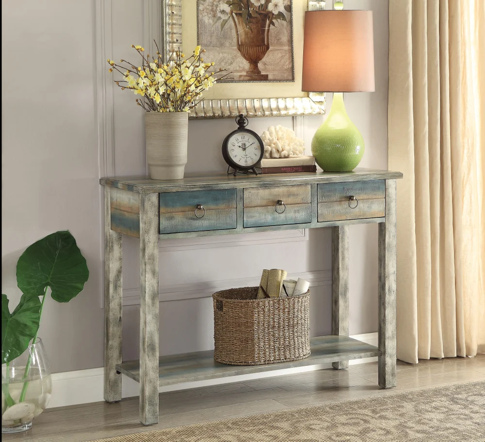 Glancio Antique White & Teal Vintage Console Table