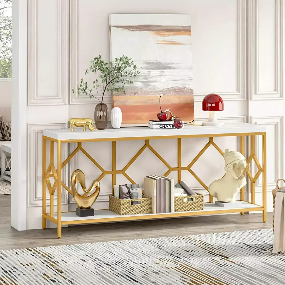 71 Inch Extra Long Modern Narrow Console Table with Open Storage Shelf in White and Gold