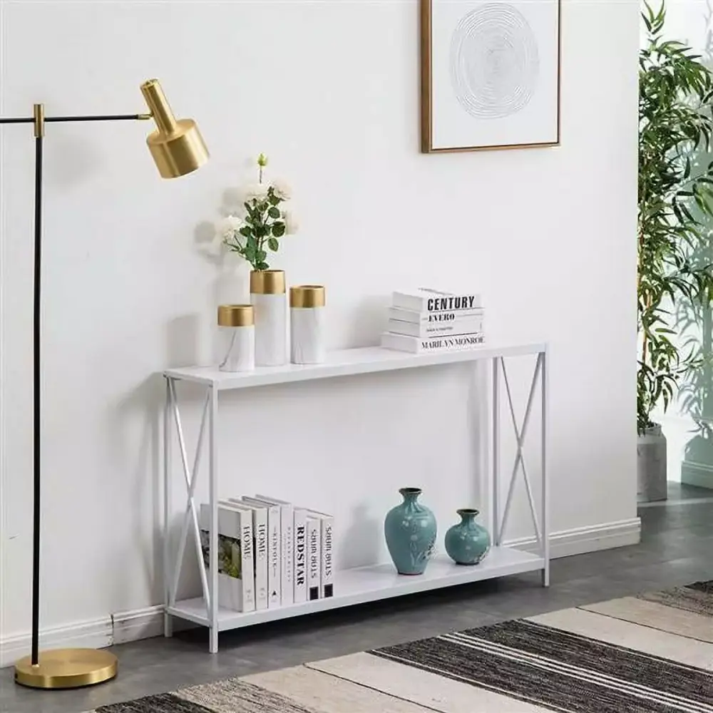 Modern White Console Table with Storage Shelf for Living Room Bedroom and Entryway