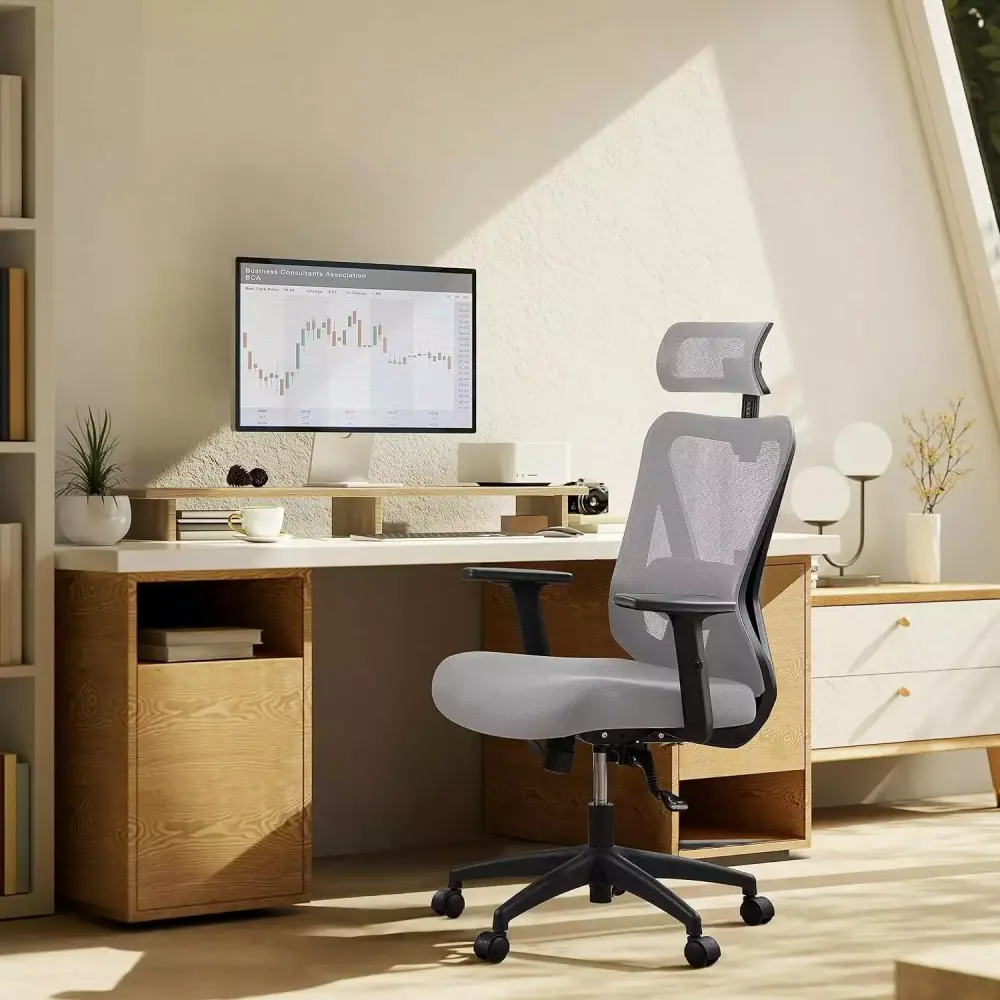 BIZFURN Office Chair Ergonomic Computer Desk Chair Adjustable Lumbar Support Armrest Headrest Swivel Working Study Chair Light Gray