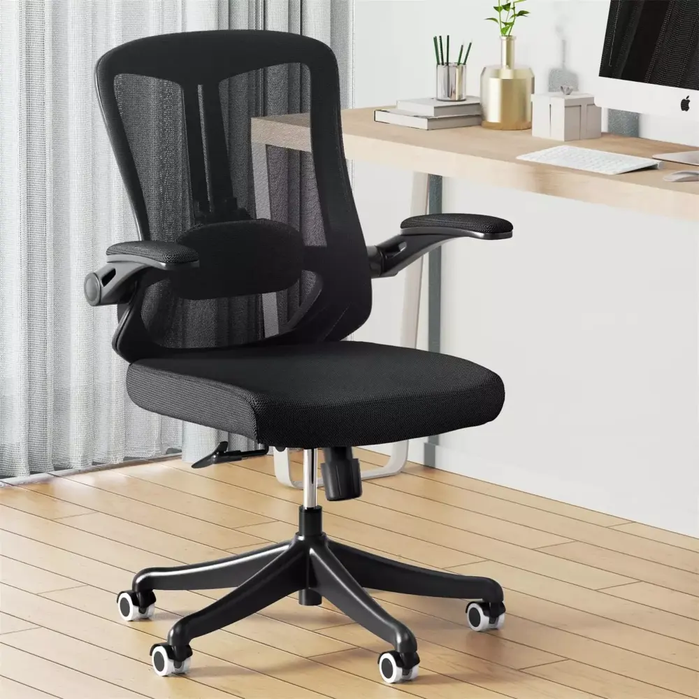 Black Ergonomic Office Chair with Lumbar Support and Flip-Up Armrests - Breathable Mesh Mid-Back Desk Chair